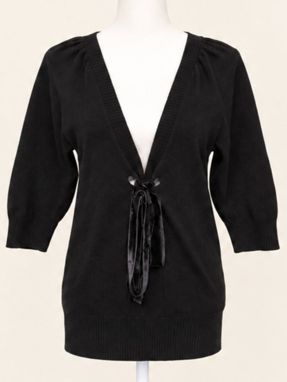 uicy Couture Black Wool Cardigan with Velvet Bow Size M